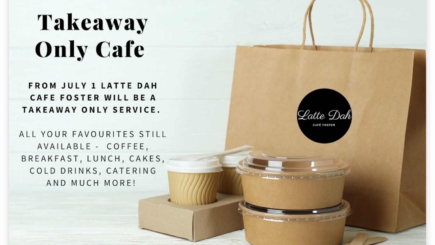 The café's own 'Takeaway Only Cafe' notice beside a paper bag and takeaway coffee cups and containers